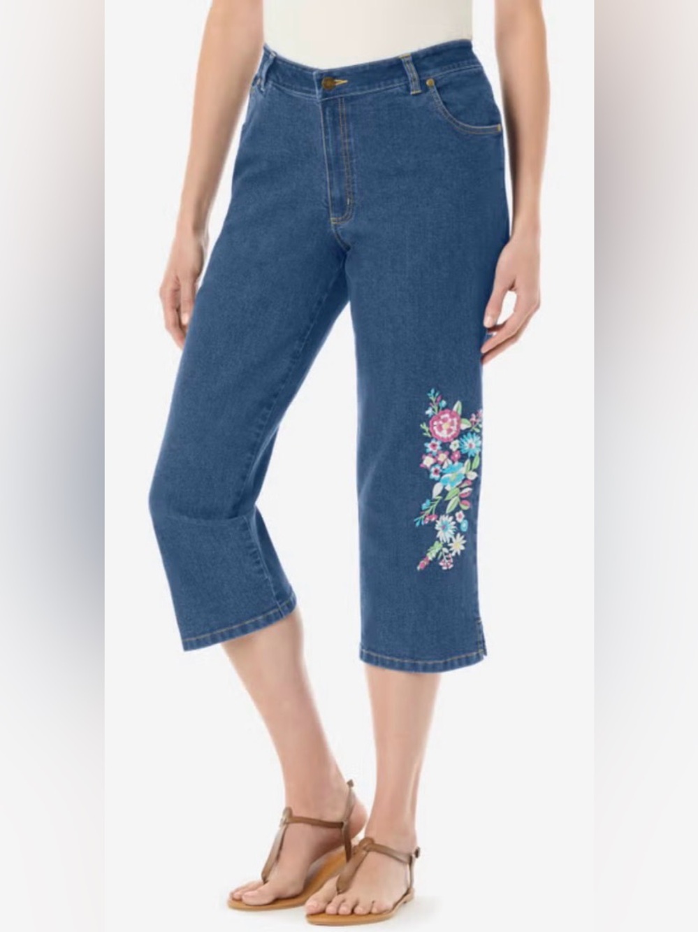 #z168  Woman Within Stretch Denim Capri Medium Stone Wash Blue Embroidered Denim